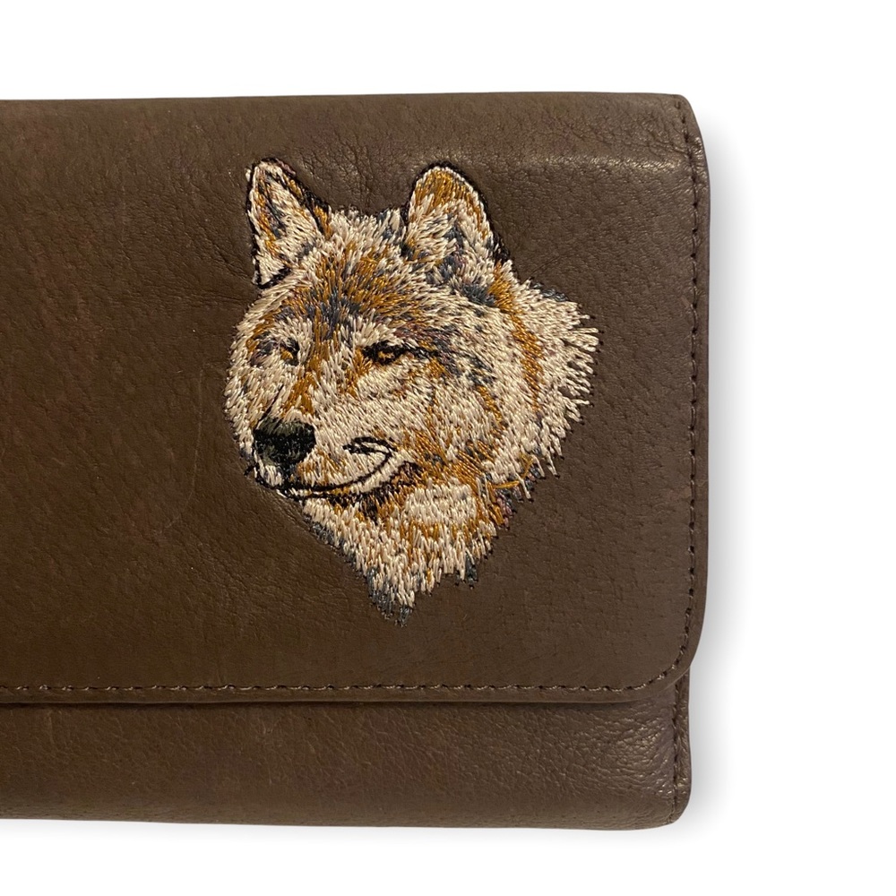 Brown Faux Leather Wallet with Embroidered Wolf On Front - Picture 2 of 5